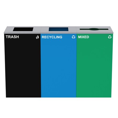 Alpine Industries 87 Gal. 3-Stream Steel Blue Recycling, Green Mixed, and Black Commercial Trash Can Station ALP4450-BLK-KIT22